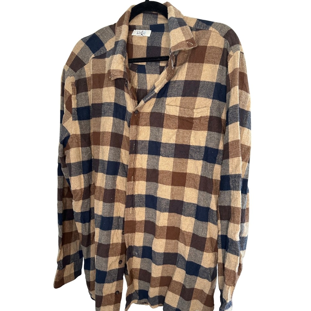 Croft & Barrow Men's Plaid Flannel Shirt XL Brown Blue Long Sleeve Button Up
